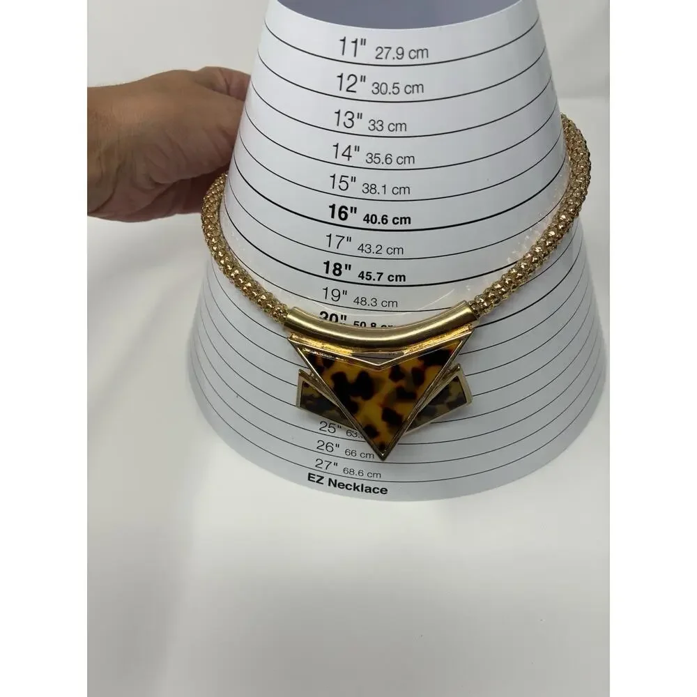 Tortoise Shell Chevron Pendant Gold Tone Chain Statement Necklace Costume